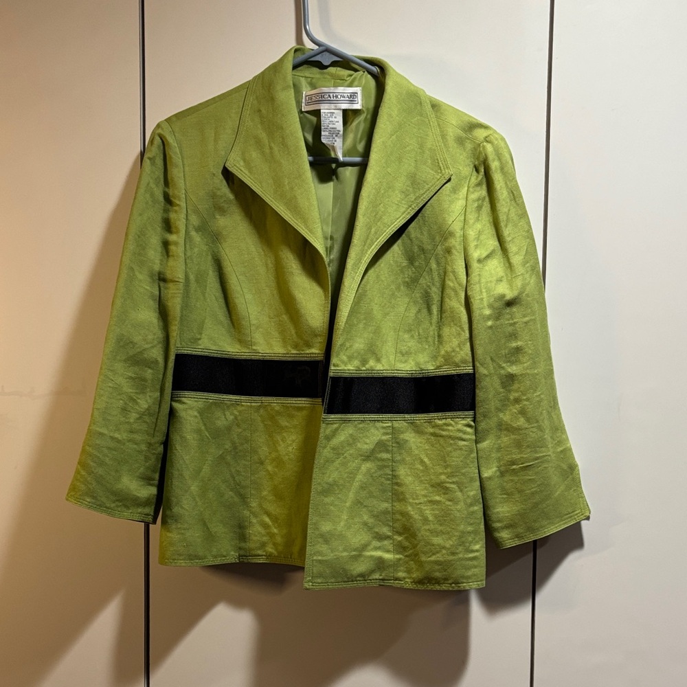 Jessica Howard Chartreuse Linen Blend Open Front Blazer Jacket Black Trim Size 6